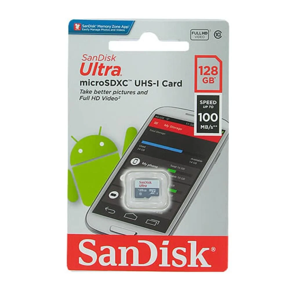 بطاقة ذاكرة SanDisk Ultra microSDXC UHS-I بسعة 128 جيجابايت.