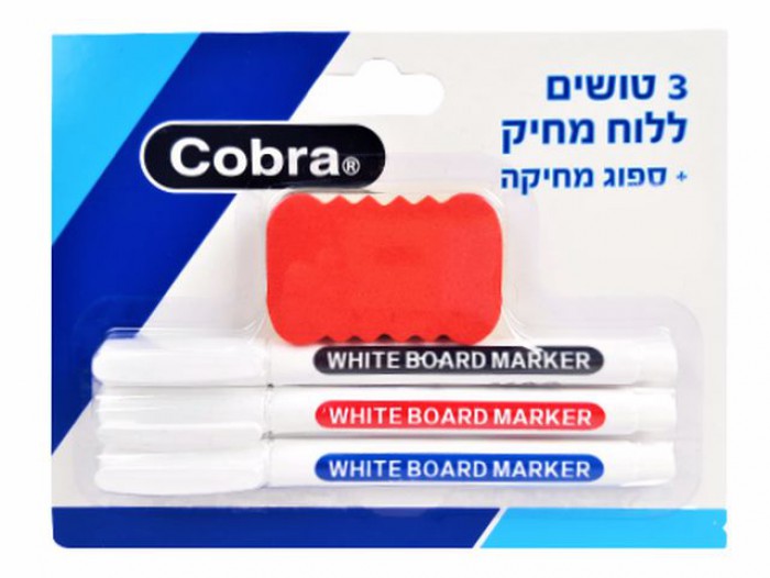 مجموعة أقلام تحديد للسبورة البيضاء من ماركة Cobra تتضمن 3 أقلام وممحاة صغيرة