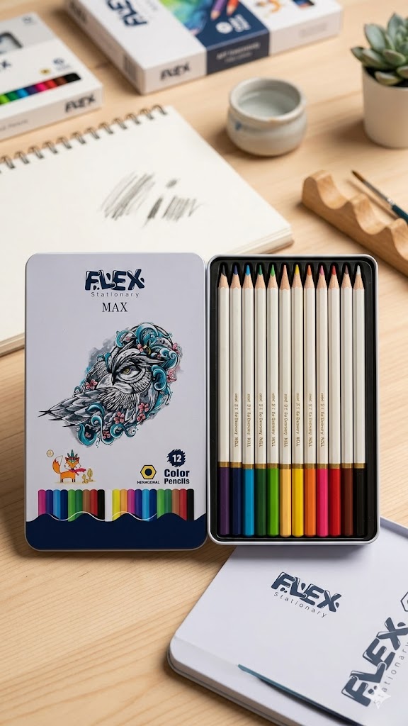 علبة ألوان خشبية من ماركة فلكس (Flex) تحتوي على 12 لوناً