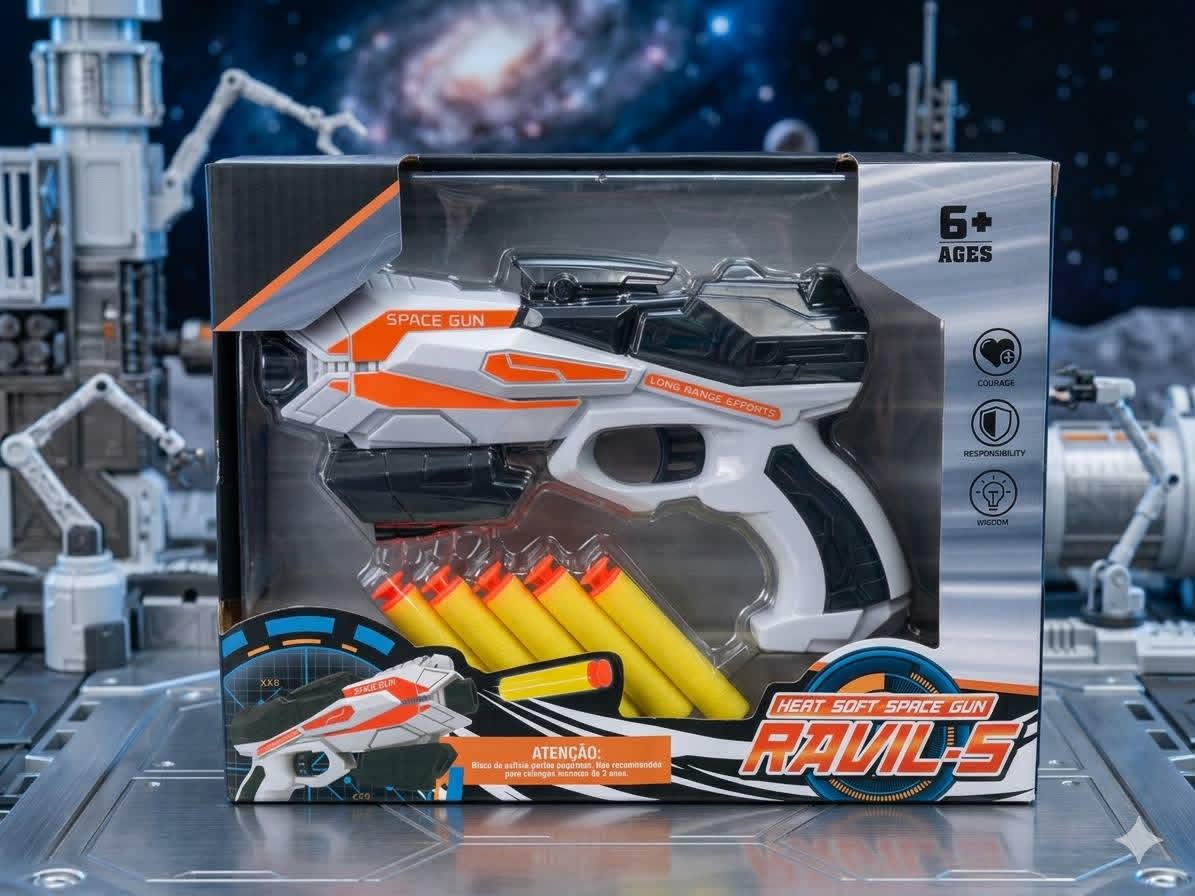 المسدس من طراز "Ravil Gun-S" يتميز بتصميم مستقبلي باللونين الأبيض والأسود مع تفاصيل برتقالية زاهية