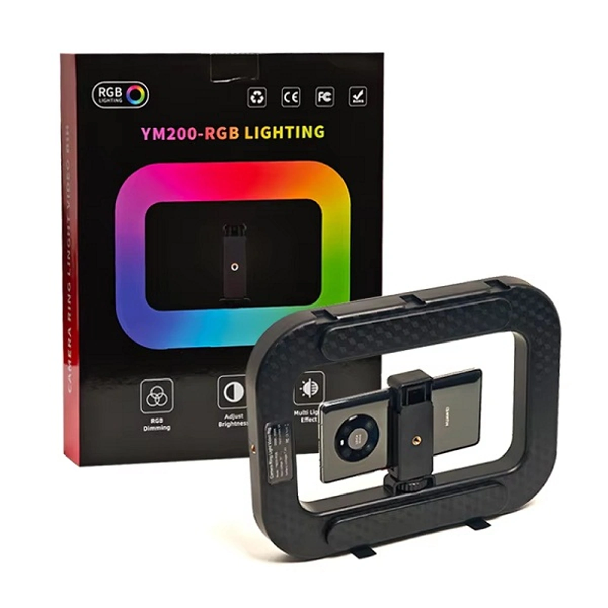 مصباح حلقة إضاءة محمول من طراز YM200-RGB، يتميز بإمكانية تغيير الألوان وإضاءة RGB.