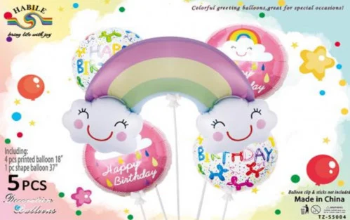 مجموعة بالونات هيليوم قصديرية (Foil Balloons) مخصصة لزينة حفلات أعياد الميلاد وتأتي بثيم قوس قزح والغيوم الضاحكة
