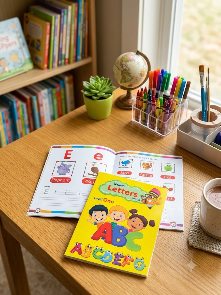 الكتاب التعليمي يحمل العنوان "English Letters World" (عالم الحروف الإنجليزية)