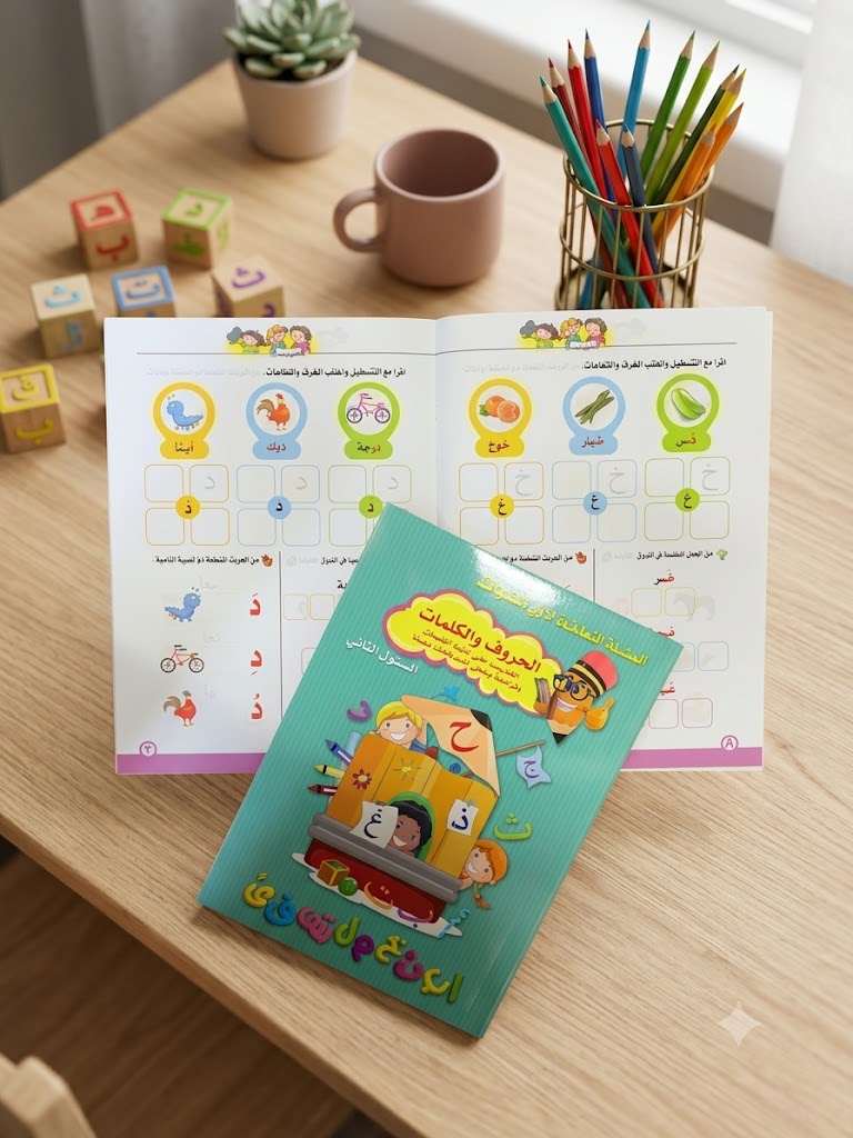 كتاب تعليمي للأطفال مخصص لتعليم الحروف والكلمات باللغة العربية للمستويات الابتدائية (المستوى الثاني).
