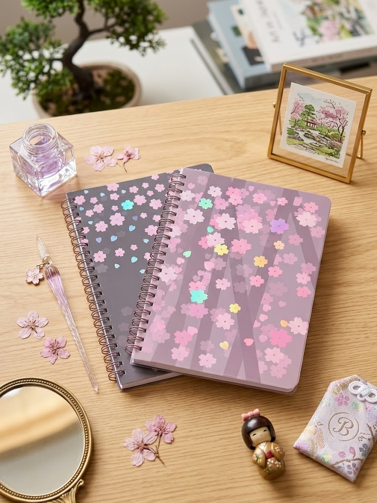 دفتر ملاحظات حلزوني (Spiral Notebook) بمقاس A5 يتميز بتصميم زهور الكرز (Sakura) المطبوع على الغلاف.