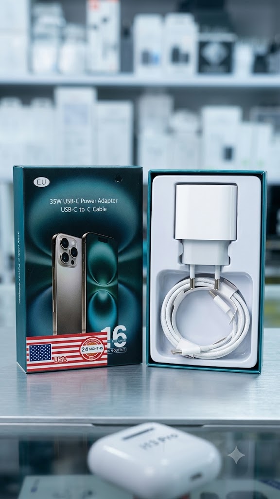 شاحن طاقة USB-C بقدرة 35 واط مع كابل USB-C إلى C متوافق مع أجهزة iPhone.